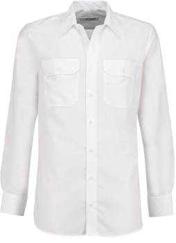 Zu sehen ist ein weißes geradlinig geschnittenes langarm Diensthemd aus 100% Baumwolle.